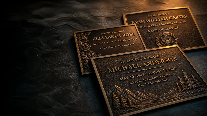 Three custom bronze memorial plaques with raised lettering and emblems, sold by Legacy Bronze in the United States
